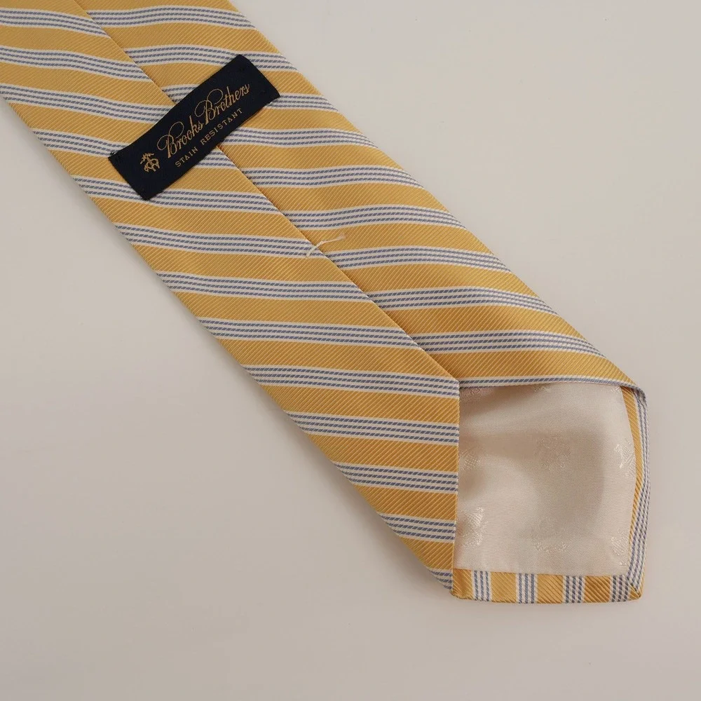 Brooks Brothers Pure Silk Tie Gold Blue Stripe Made in‎ USA Stain Resistant